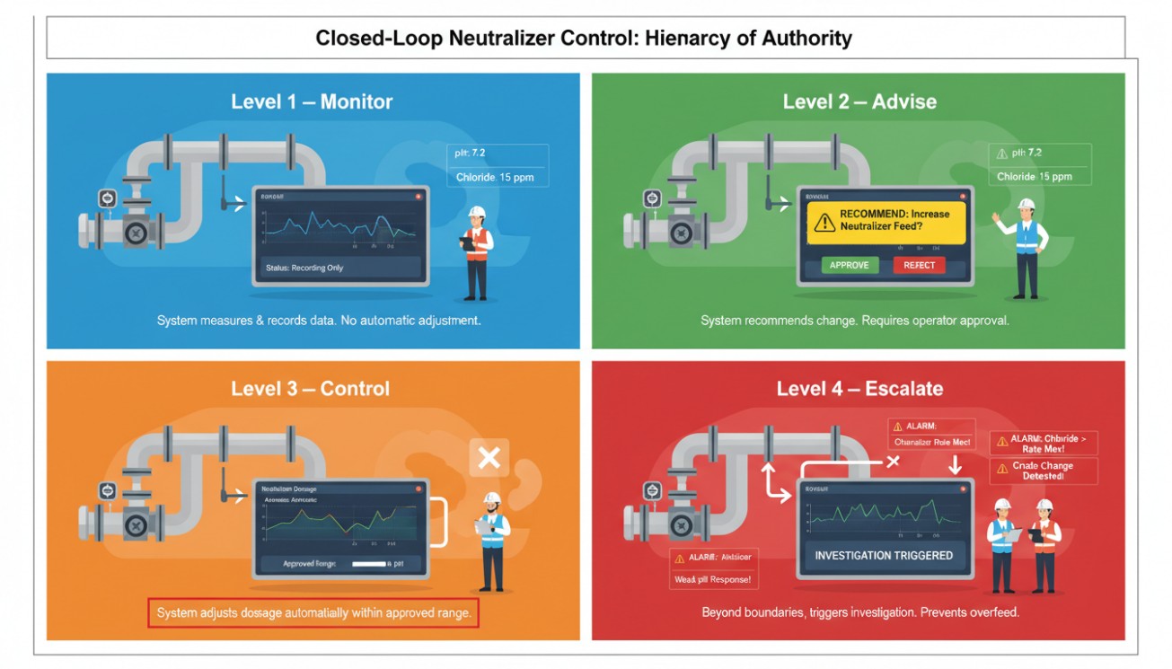 Closed-loop neutralizer control hierarchy progressing from monitoring and advisory modes to automatic control and escalation